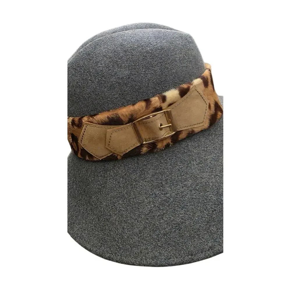 Vintage Fedora Adolfo II Hat Wool Wide Brim Felt Womens Gray Leopard